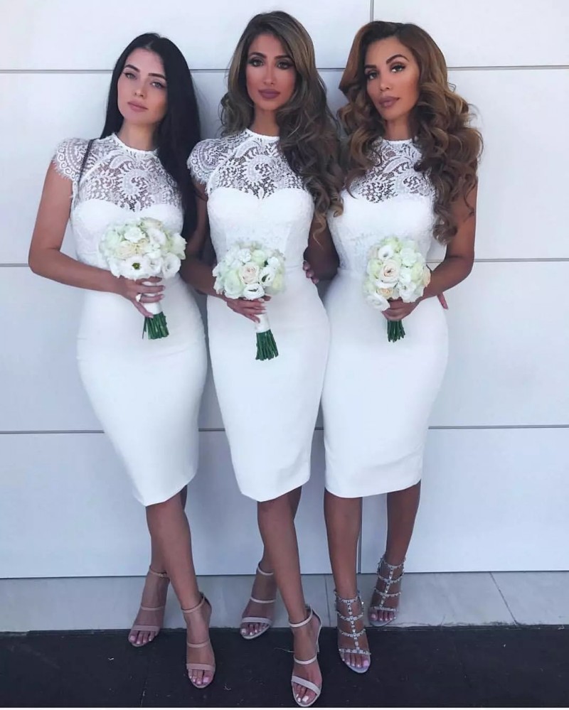 Fashion 2018 White Bridesmaid Dresses Short Lace Jewel Neck Capped Sleeves Mermaid Knee Length Wedding Party Dresses for Women