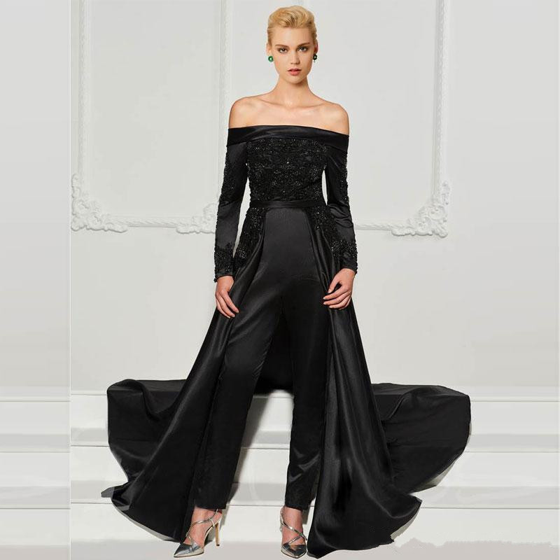 Fashion Black Lace Jumpsuits Evening Dresses With Detachable Train Off The Shoulder Beaded Formal Gowns Long Sleeves Pant Suits Prom Dress