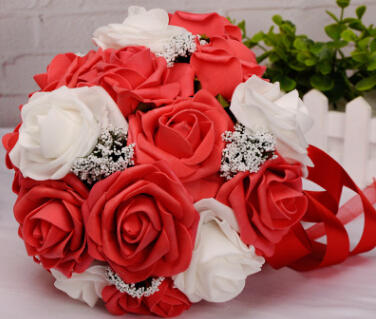 Fresh And Romantic Bride Holding Flowers Rose And Babysbreath Artificial Flowers Pink,Orange,Purple And Red Bridal Bouquets