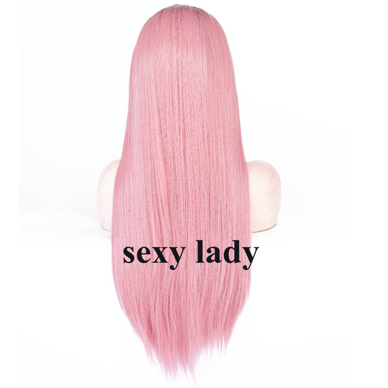 Long straight Wig Ombre pink synthetic lace wig Hair for Woman Dark Roots Natural simulation human hair lace front wig natural hairline