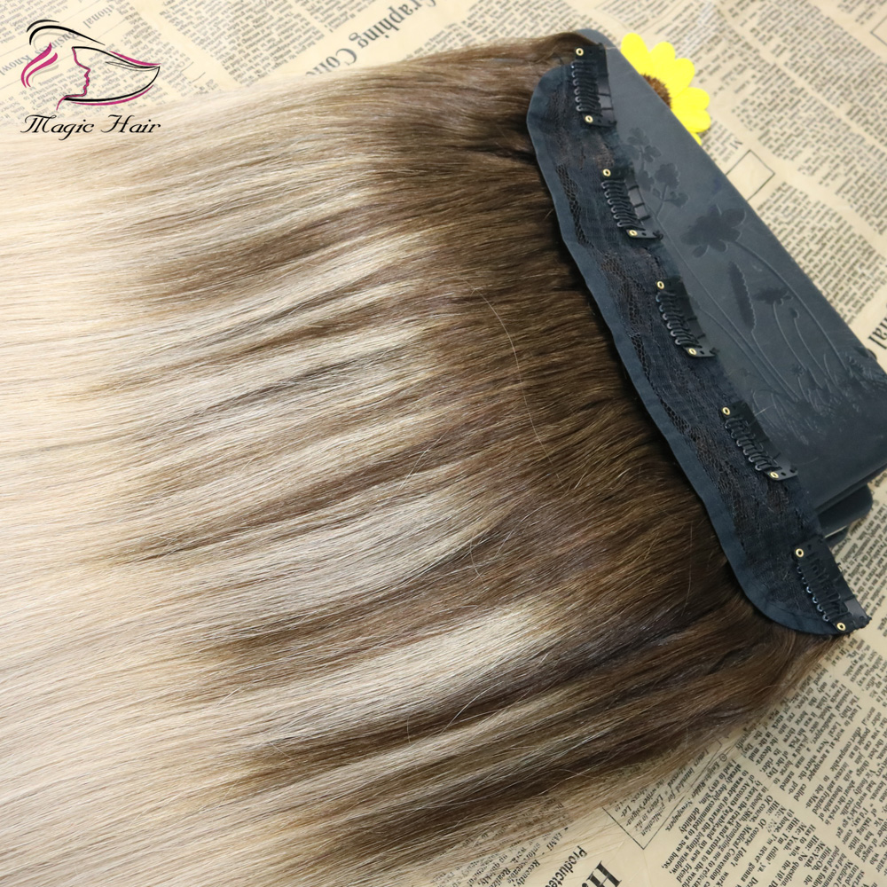 5 Clips One Piece Clip In Human Hair Extensions With Lace Straight Brazilian Virgin Hair Ombre Balayage Color #4 Fading To #18 70grams