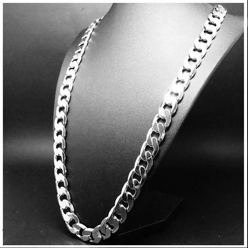 12mm Wide Curb Chain Necklace 18k White Gold Filled Vintage Classic Mens Jewelry Solid Accessories 24 Inches