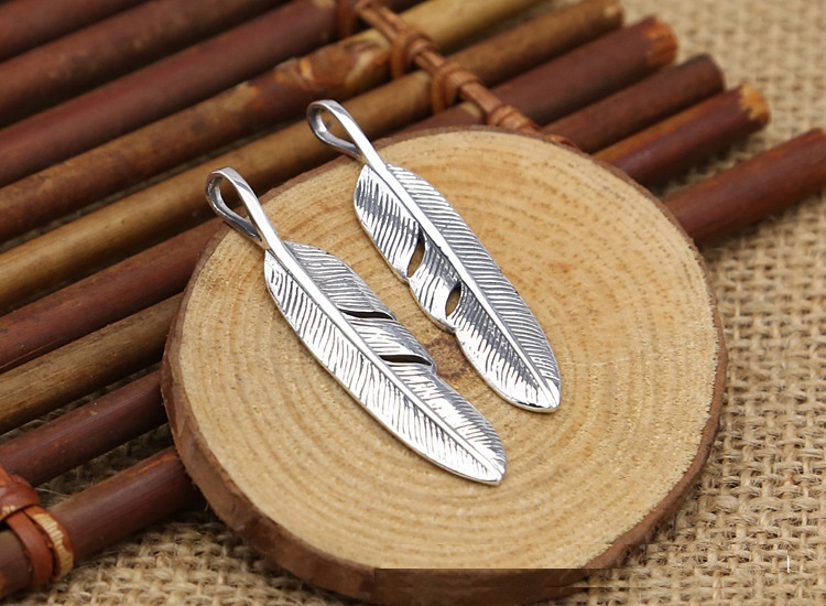 Personalized 925 sterling silver vintage jewelry Japanese antique silver hand-made designer simple feather necklace pendants men women