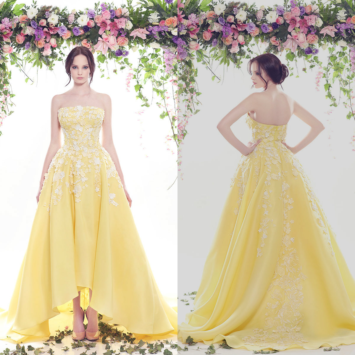 Yellow Prom Dresses Strapless Lace Appliques High Low Satin Ruffle Elegant Evening Dress Party Wear Custom Made vestidos de quinceañera