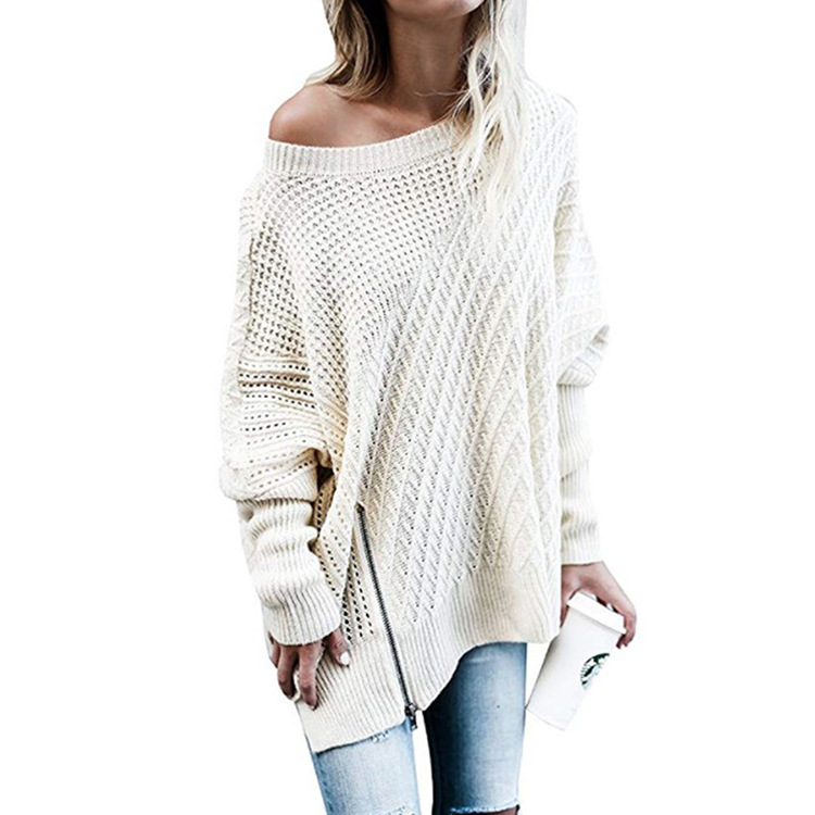 European fashion solid color sexy zipper bat sleeve off-shoulder sweater S M L XL support mixed batch