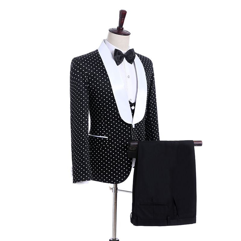 Excellent Black white point Groom Tuxedos One Button Side Vent Groomsmen Blazer High Quality Men Business Prom Suit(Jacket+Pants+Tie+Vest)