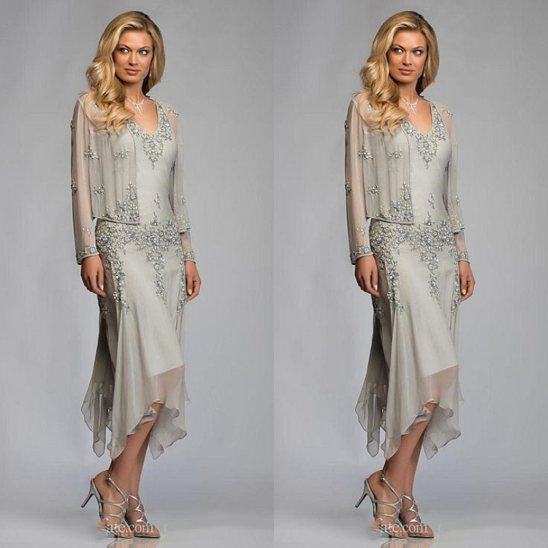 Elegant Silver Grey Chiffon Tea Length Mother Of The Bride Dresses With Jacket Suits Lace Appliques Deep V Neck Mother Guest dresses