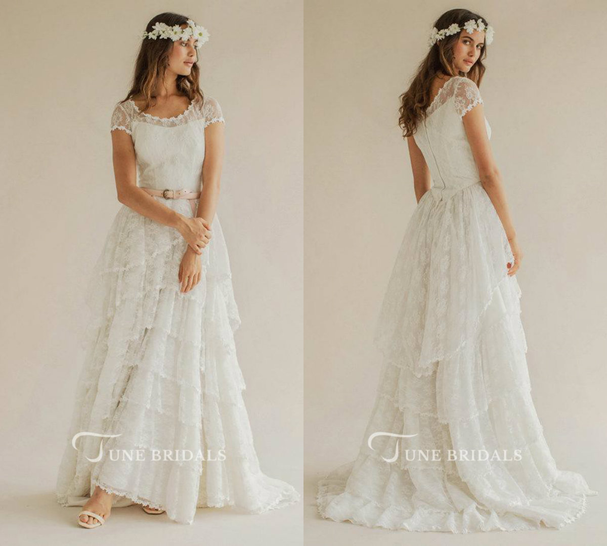 Modest Lace Wedding Dresses Jewel Neck Short Sleeve Tiered Tulle Sweep Train Appliques Country Bridal Gowns Beach Plus Size Wedding Dress