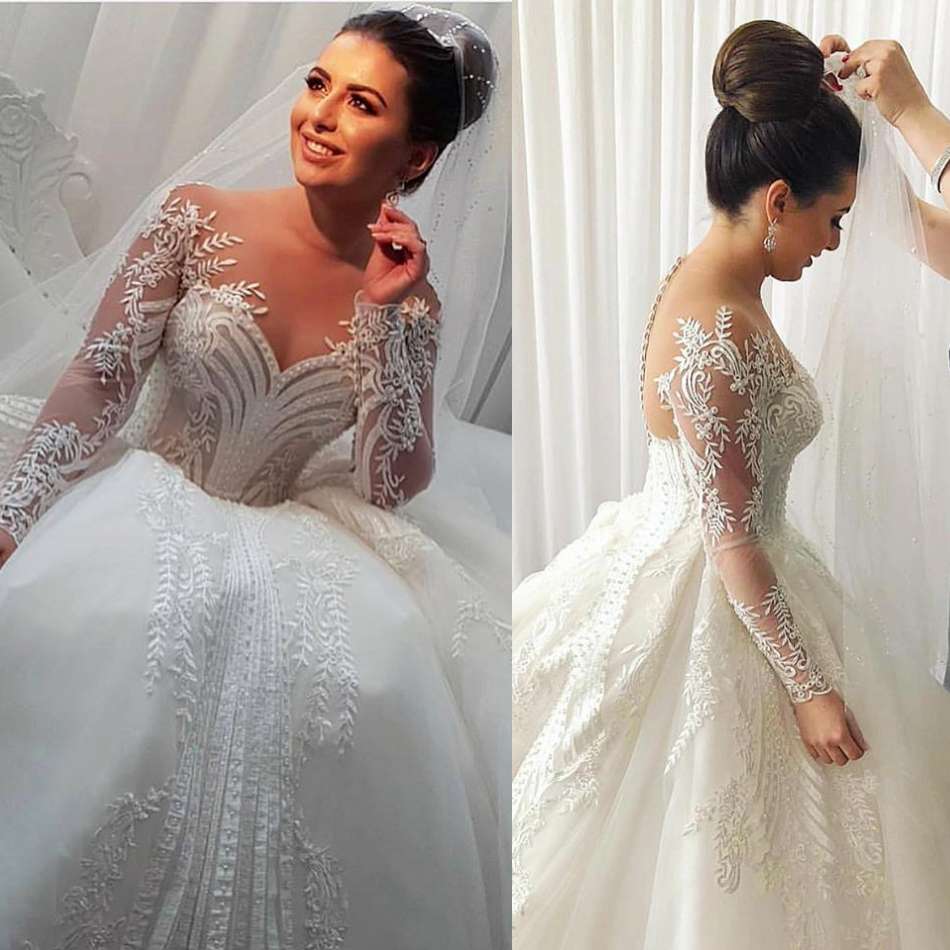 Amazing Sheer Neck Country Dresses Lace Appliques Long Sleeves Bridal Gowns Sweep Train Custom Made Plus Size Wedding Dress