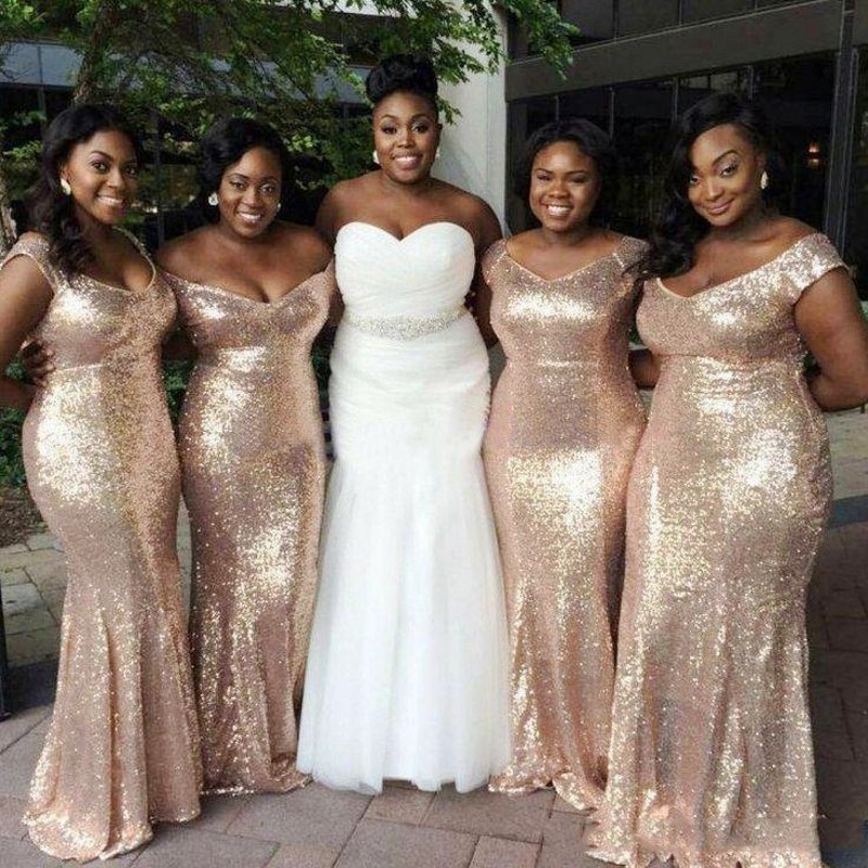 Shoulder Champagne Off Mermaid Long Bridesmaid Dresses Sequined Back Zipper Floor length Custom Made Maid of Honor Gowns Beautiful