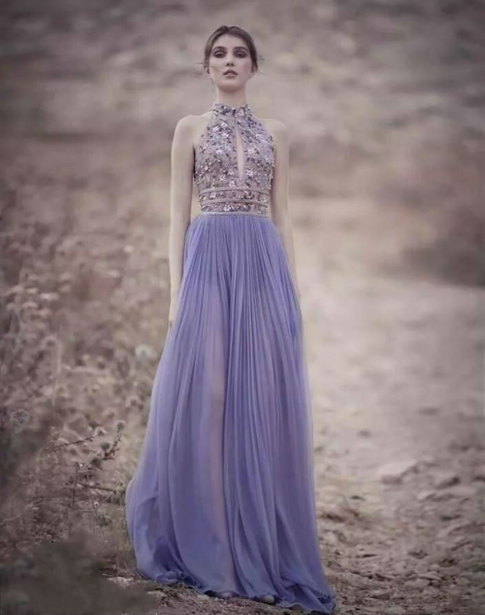 Rami Kadi 2018 Lavender Prom Dresses Halter Keyhole Neck Embroidery Beaded Evening Dresses Sexy Illusion Gowns Custom Made