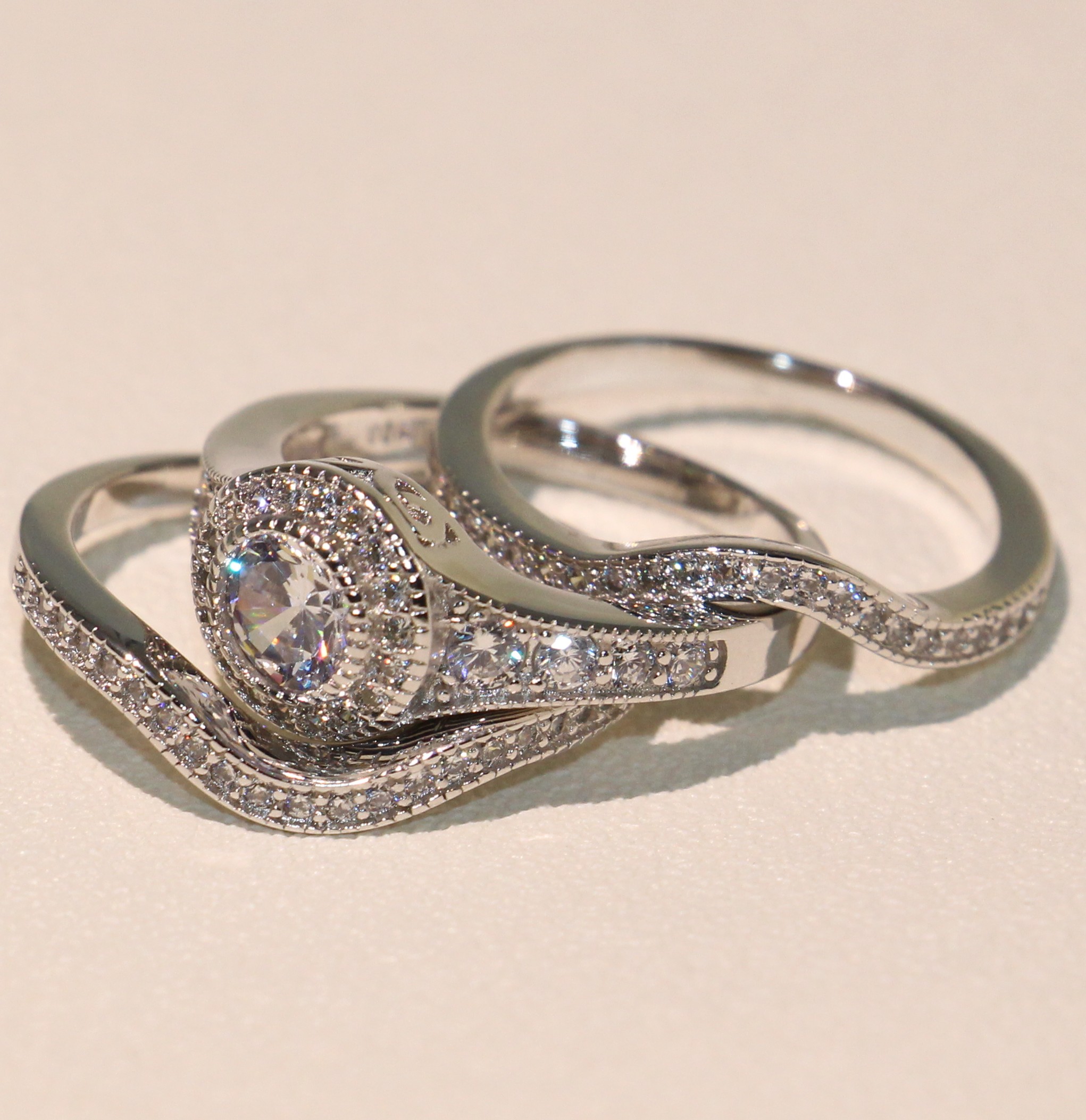 Size 5-11 Jewelry Pave Setting Princess Cut 10kt white gold filled CZ Simulated Diamond Topaz 3 IN 1 Women Wedding Engagement Ring set gift