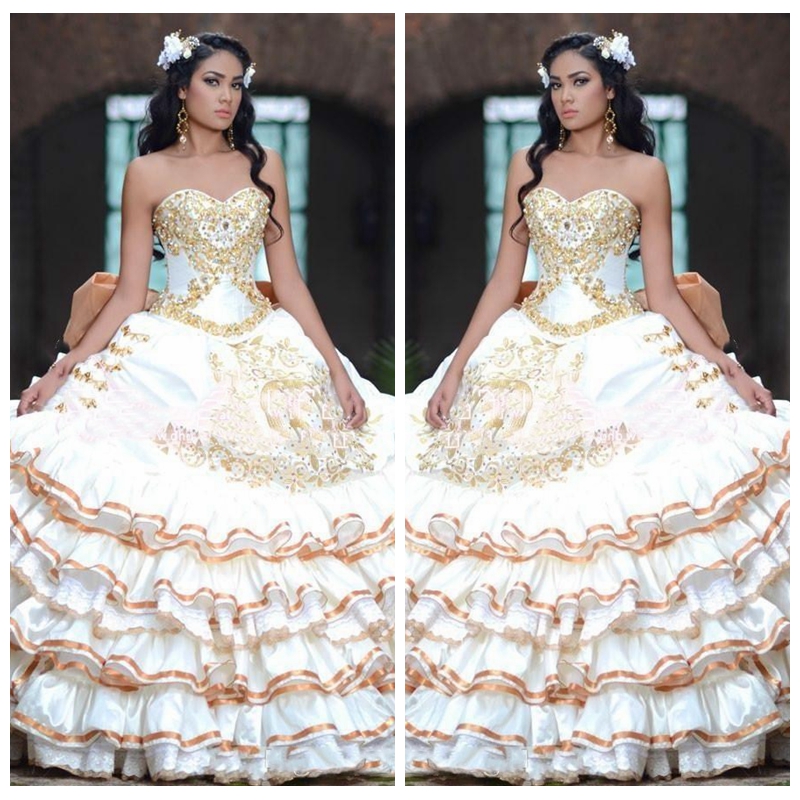 2018 Retro Sweetheart Ball Gown Quinceanera Dresses With Gold Lace Appliques Lace Up Back Custom Vestidos De Quinceanera Prom Gowns, Champagne
2018 Retro Sweetheart Ball Gown Quinceanera Dresses With Gold Lace Appliques Lace Up Back Custom Vestidos De Quinceanera Prom Gowns, Champagne