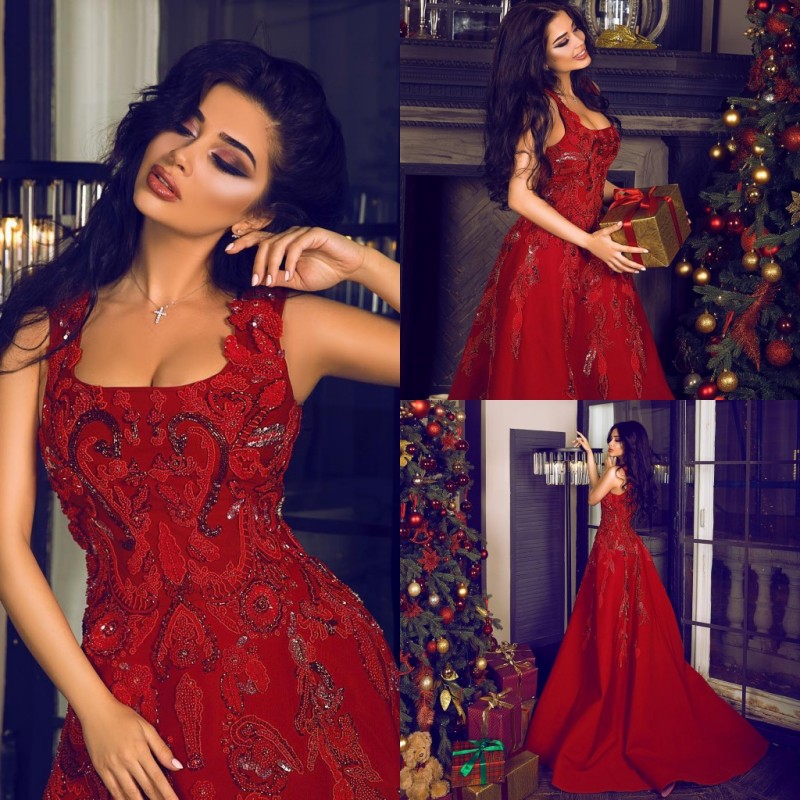 Red Sexy Celebrity Dresses A Line Satin Applique Beads Evening Dresses Party Wear Sweep Train Dubai Arabic Prom Dress Zuhair Murad Gown