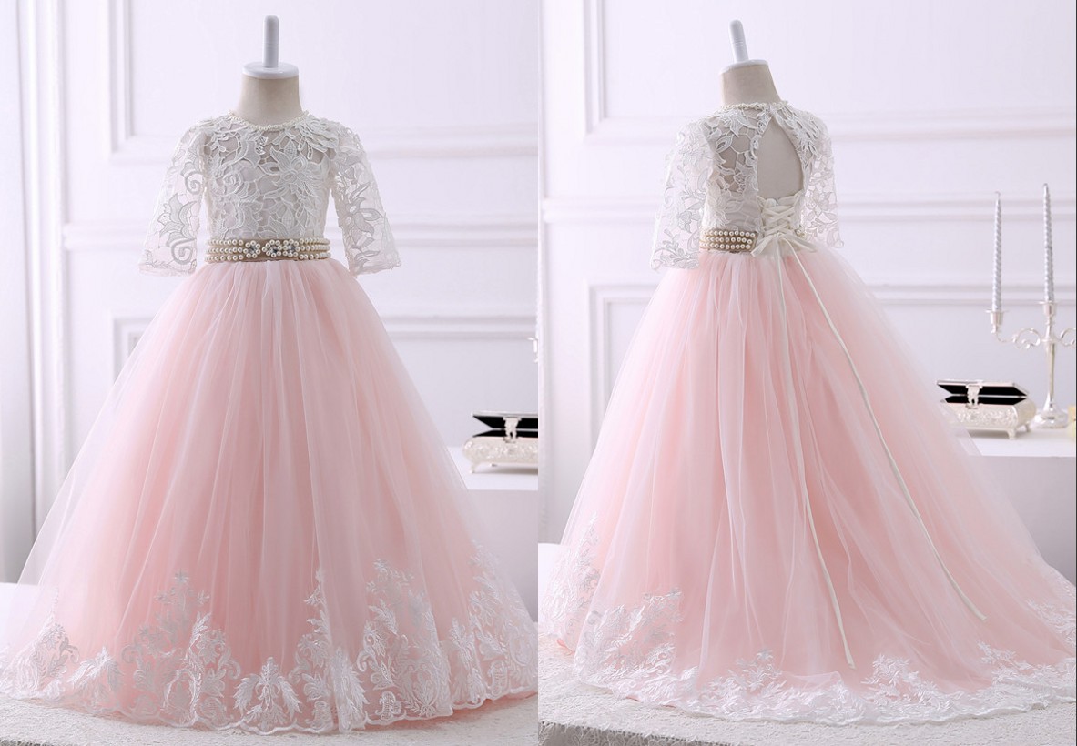 

2021 Blush Pink With Ivory Lace A line Flower Girls Dress Cheap Long Pearls Ribbon Keyhole Back Lace up Tulle First Communion Dress, Chocolate