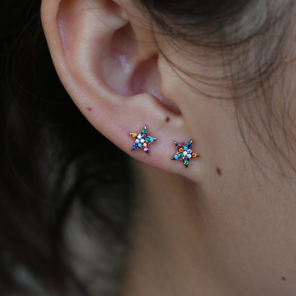 rainbow mix color cubic zirconia small star earring 925 sterling silver dainty delicate colorful star earrings