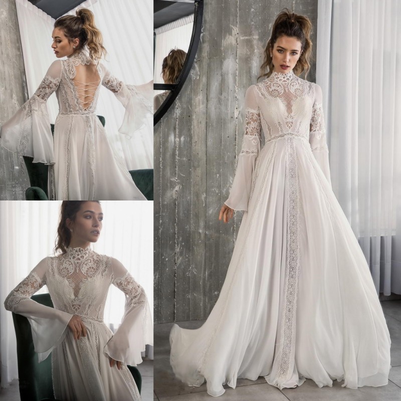 Riki Dalal 2019 Beach Chiffon Wedding Dresses High Neck Long Sleeves Lace Appliqued Boho Bridal Gowns A Line Wedding Vestido de novia