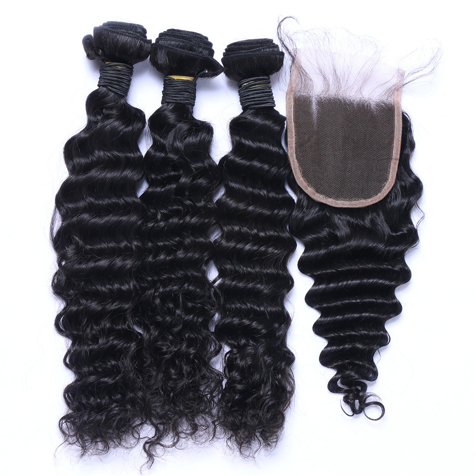 Free shipping Brazilian Deep Wave Curly Human Hair Weaves 3 Bundles With 4x4 Lace Closure Bleach Knots Closures