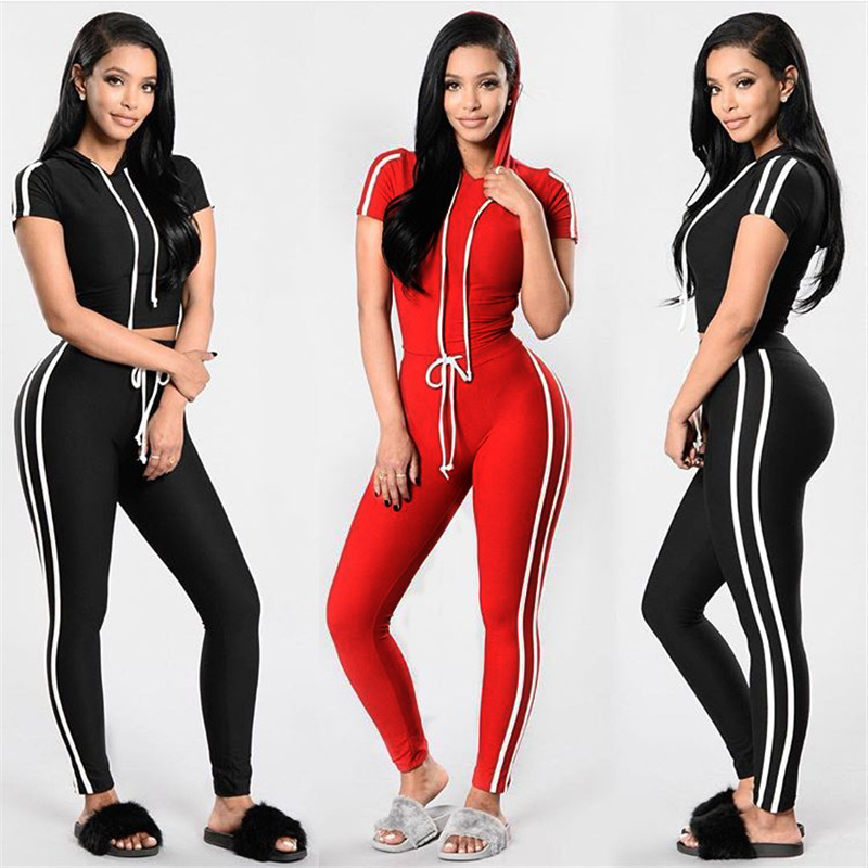 Women's Polyester Running Tracksuit 2 Colors Hooded Short Sleeve T Shirt Legging Set Slim Fit White Stripe Sportswear B4