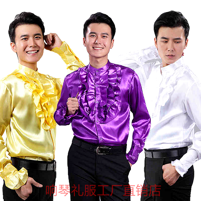 Dance Performance Chorus Costume Lace Shirt Deep Purple Light Yellow White Gloss Face Mens Shirt