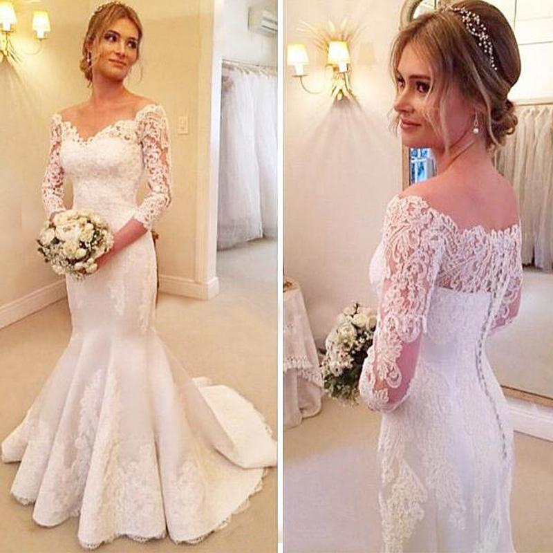 2020 Lace Mermaid Wedding Dresses Sheer Neck Three Quater Sleeves Appliques Long Wedding Dress Vestidos De Novia