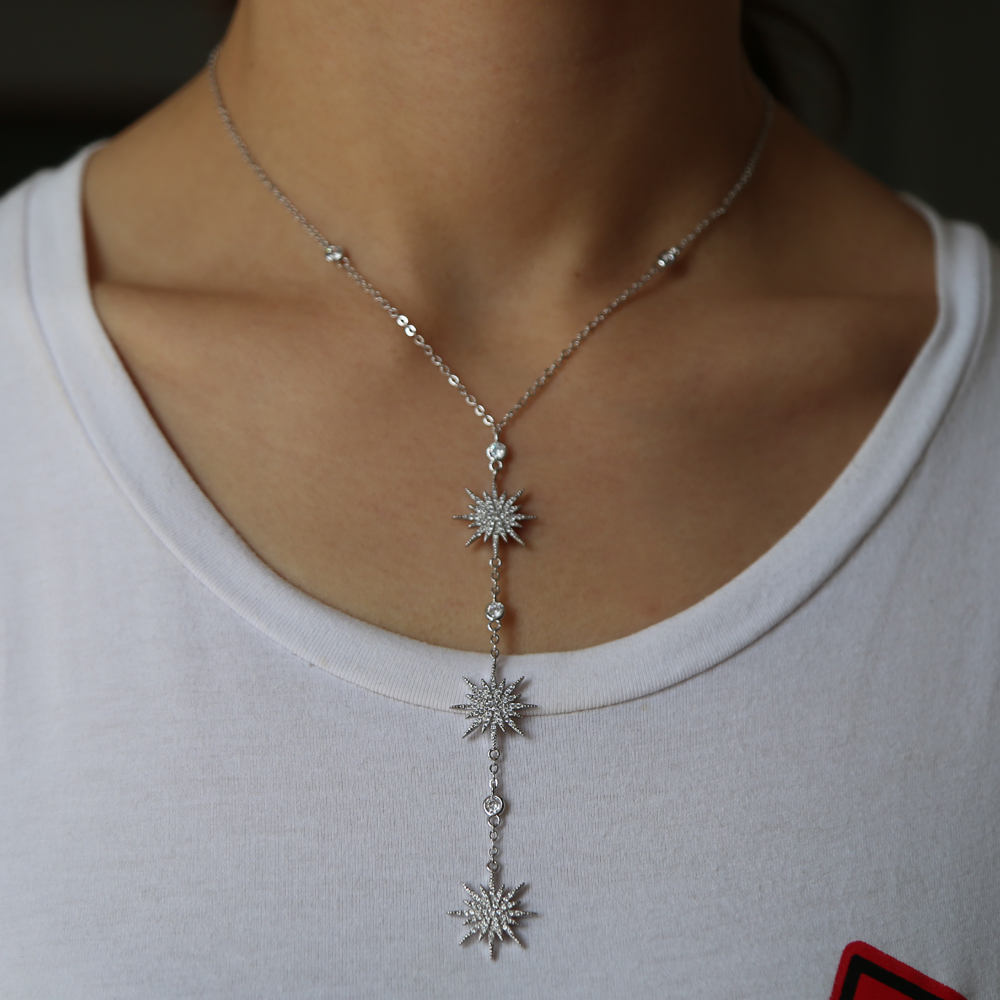 Triple star sunburst starburst link chain Y necklace silver plated high quality micro pave cz northstar charm sparking fashion jewelry chain