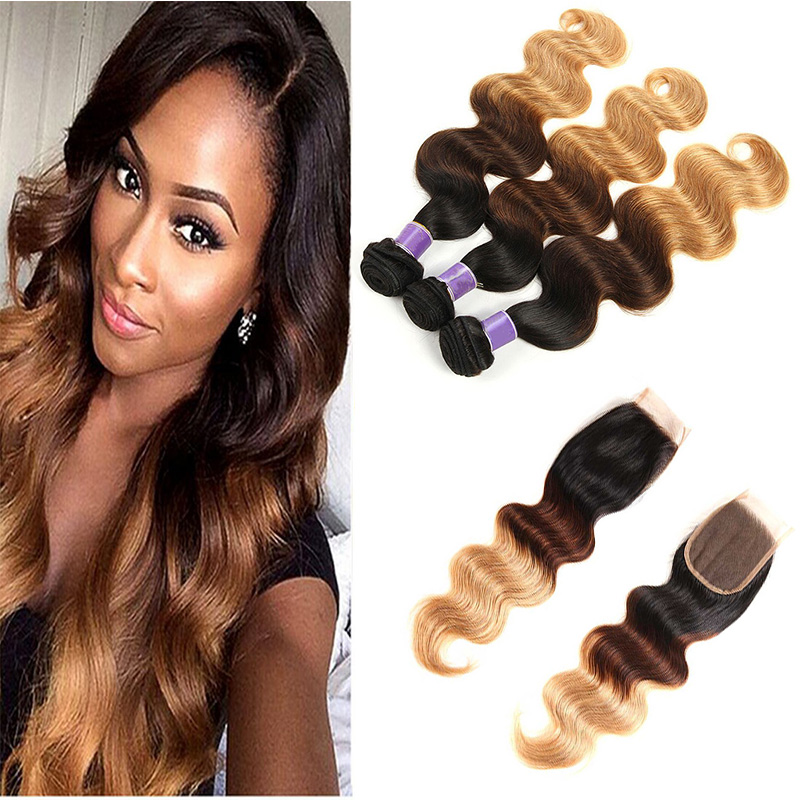 

Wholesale Brazilian Dark Brown Body Wave Hair 3 Bundles With Closure Colored Brazilian Ombre 1B/4/27# Human Hair Weave With Closure, Ombre color