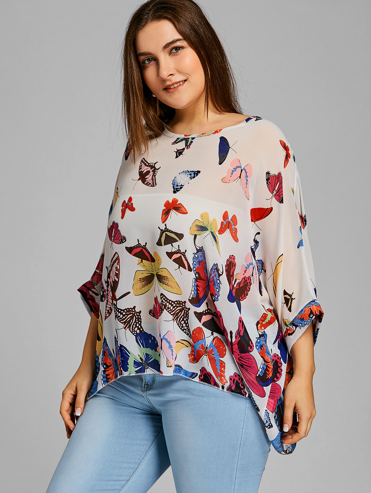 Gamiss Women Butterfly Print Plus Size Chiffon Blouse Casual Batwing Sleeve Long Blouses Shirts 2018 Fashion Tops Blusas 5XL