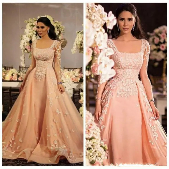 Arabic Indian Long Sleeves Prom Dresses for Women Lace Applique Formal Evening Dresses Square Zipper Plus Size Party Gowns Plus Size