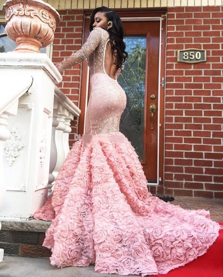Glittering Pink Backless Mermaid Prom Dresses With Beading Rose Flowers Keyhole Back Sexy Evening Gowns Formal Party Dresses Sweep Train