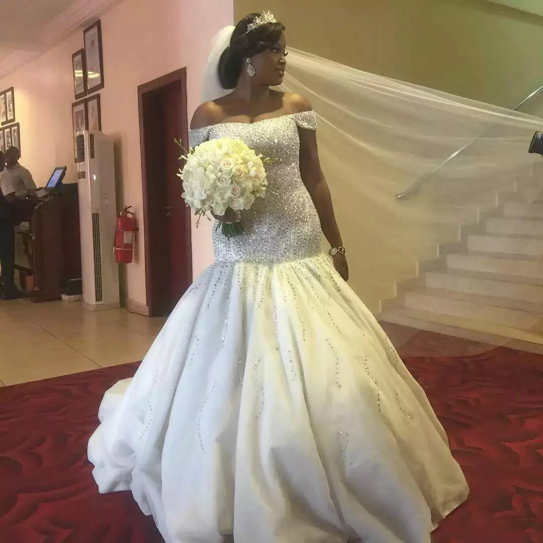 Modest Plus Size Wedding Dresses Mermaid Off Shoulder Sweetheart Neck Trumpet Bridal Gowns Sweep Train Tulle Lace Crystal Wedding Dress