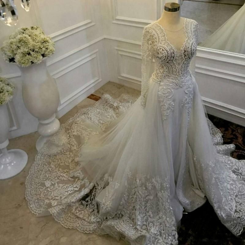 Top Quality Fitted A-line Wedding Dresses With Detachable Train Sheer Neckline Fine Lace And Tulle Bridal Wedding Gowns Illusion Long Sleeve