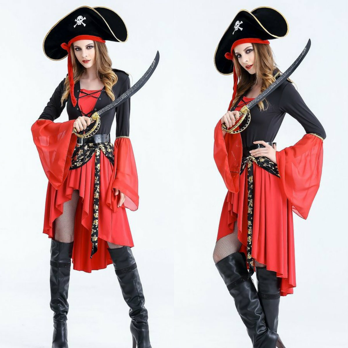 Female Pirate Halloween Costumes For Adults Hi Lo Long Sleeves Cotton Three Pieces (Dress+Hat+Belt) Halloween Party Dress In Stock
