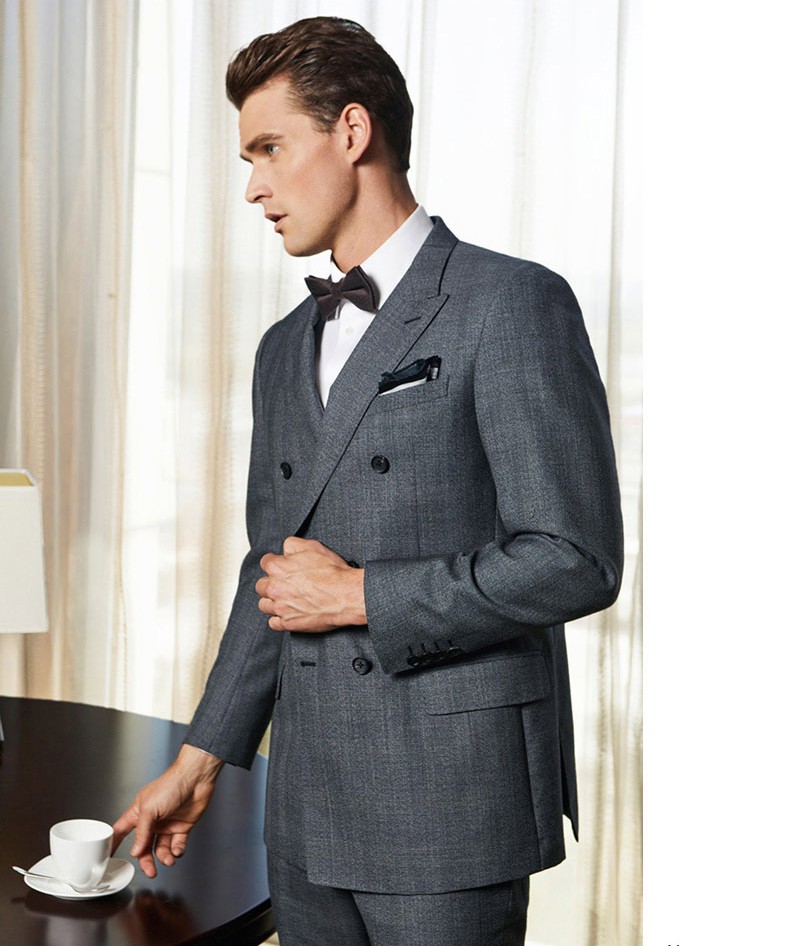 Classic Grey Mens Suits Slim Fit Groomsmen Wedding Tuxedos Two Pieces Groom Suit Double Breasted Formal Blazers With Jacket And pants