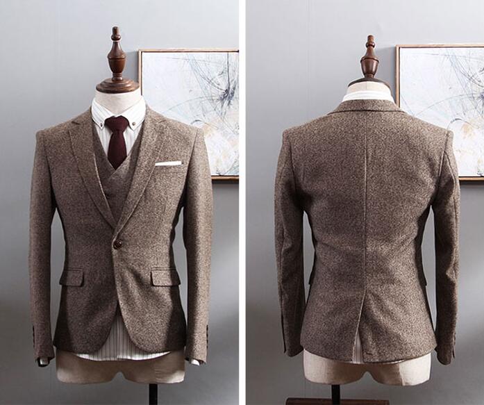 2019 Wool Slim Fit Groom Tuxedos Wedding Suits Herringbone Tweed Groomsmen BestMan Prom Suits (Jacket+Pants+Vest) Real Image Plus Size