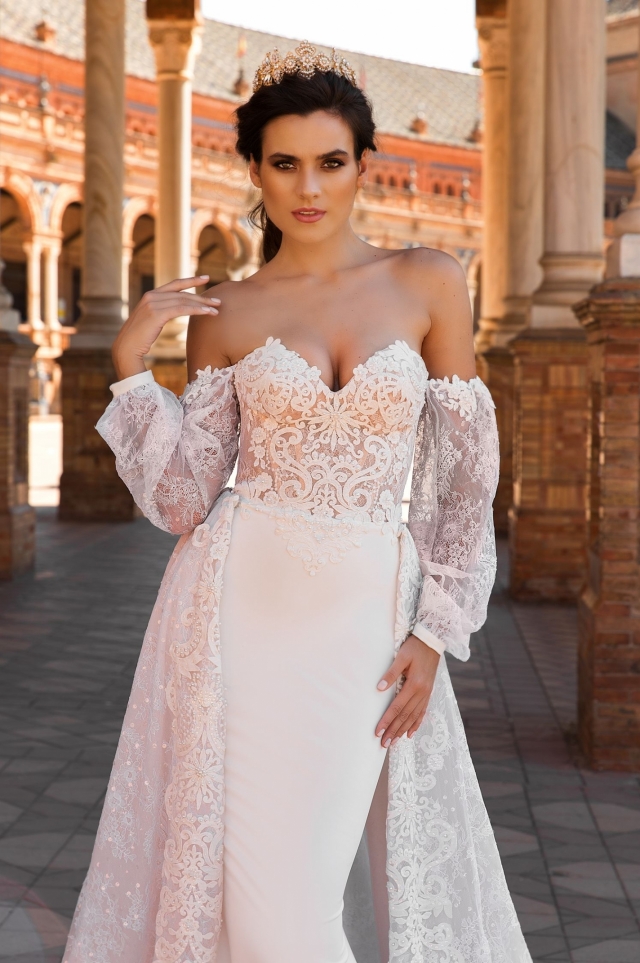 Design Mermaid Crystal Dresses With Detachable Long Sleeves Sweetheart Court Train Lace Appliques Wedding Bridal Gowns