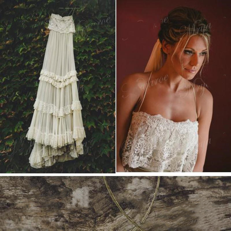 Vintage Hippe Style Ivory Boho Beach Wedding Dresses Sexy Spaghetti Strapless Tiered Lace Chiffon A Line Sleeveless Bridal Gowns Custom Made