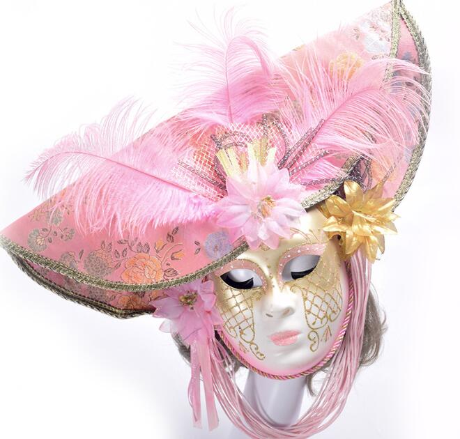Elegant Venetian Masks with Feather Flower Hat Full Face Masquerade Party For Women Wedding Cosplay Props