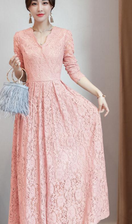 2018 spring and Autumn New Korean V-neck lace dress women dress casual cultivate one's moral character long dress, Blue
2018 spring and Autumn New Korean V-neck lace dress women dress casual cultivate one's moral character long dress, Blue