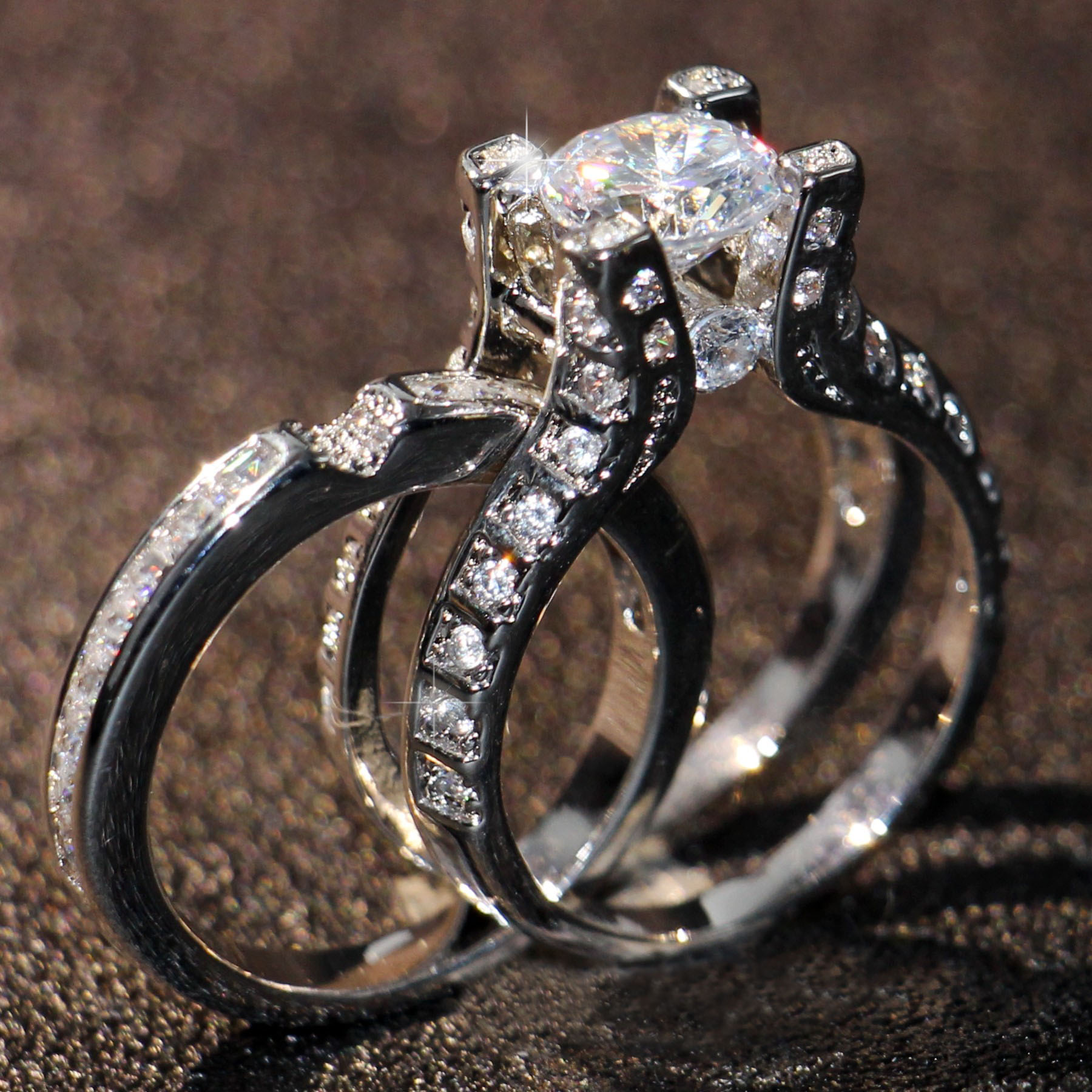 Size 5-10 Retro Vintage Jewelry 10KT White Gold Filled Round Cut Topaz CZ Dia Gemstones Women Wedding Bridal Ring Set For Lovers' Gift