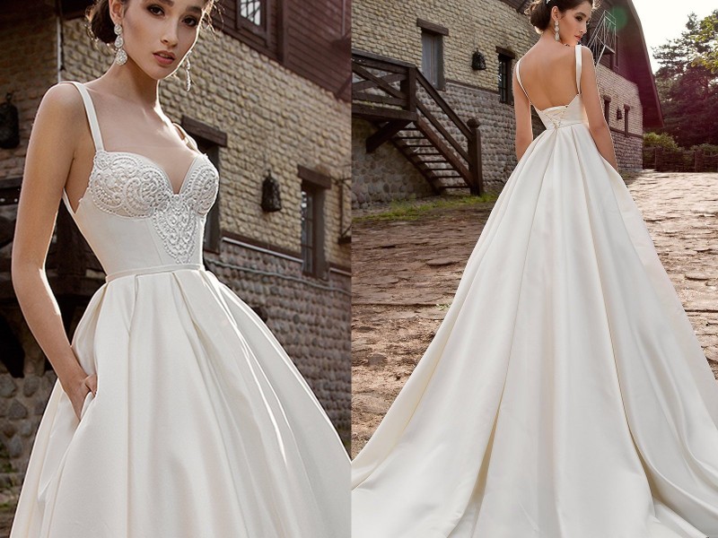 gorgeous satin beach wedding dresses with pockets sleeveless lace appliques country bridal gowns spaghetti strap vestido de novia