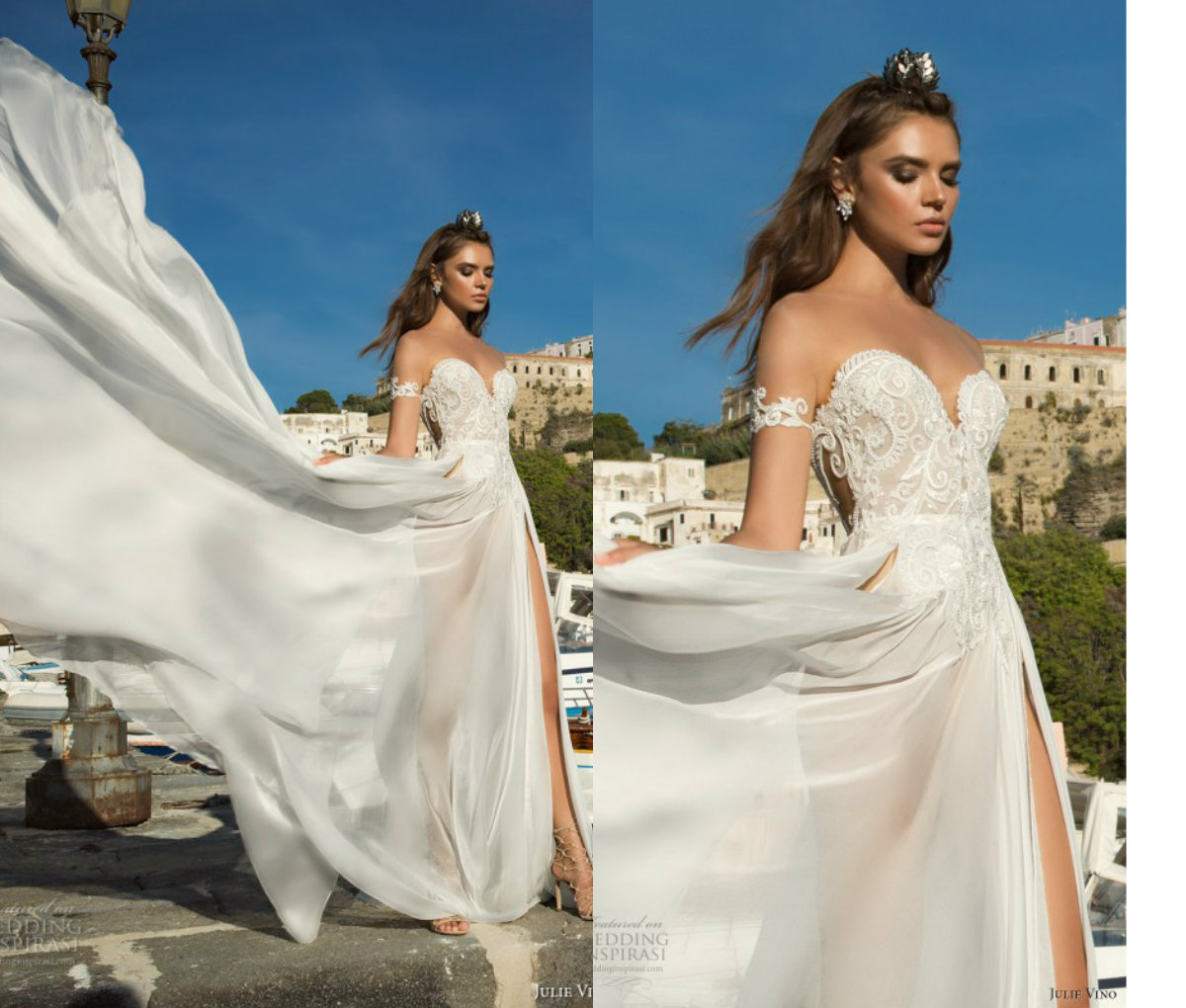Julie Vino A Line Bohemian Wedding Dresses Lace Applique Side Split Sheer Bateau Chiffon Sexy Boho Wedding Gowns Sweep Train Beach Bridal