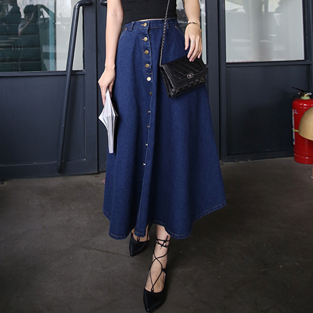 Women 2018 hot sale summer denim skirt a-line high waist single-breasted pockets mori girls fashion casual long eleskirts