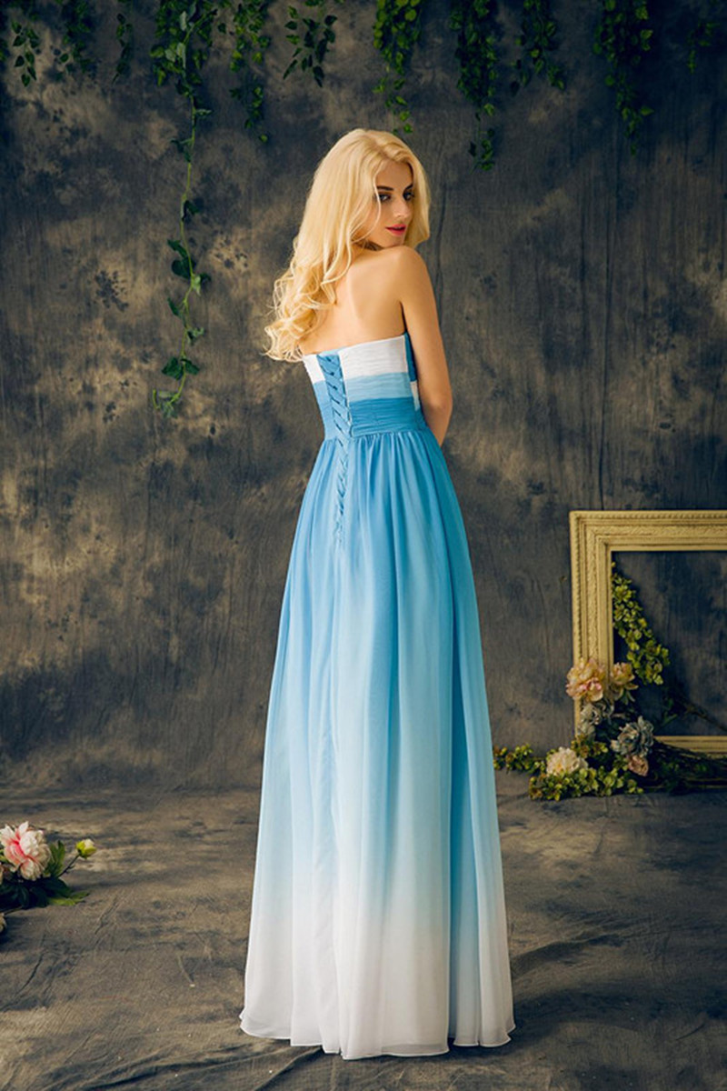 Blue Ombre Prom Dresses Sweetheart Chiffon Lace Up Back Long Floor Length Gradient Evening Party Dresses Graduation Gowns Cus