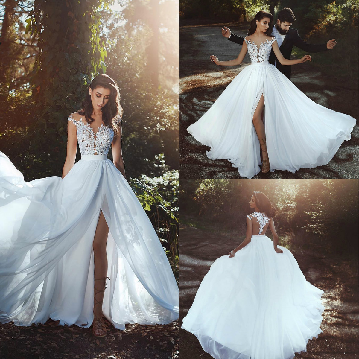 Said Mhamad 2018 Wedding Dress Sheer Neck Lace Appliques Chiffon Side Split Summer Beach Bridal Gowns