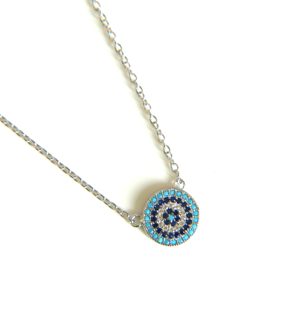 100% 925 sterling silver classic necklace round disk micro pave colorful cz turquoise evil eye charm lucky girl gift chain