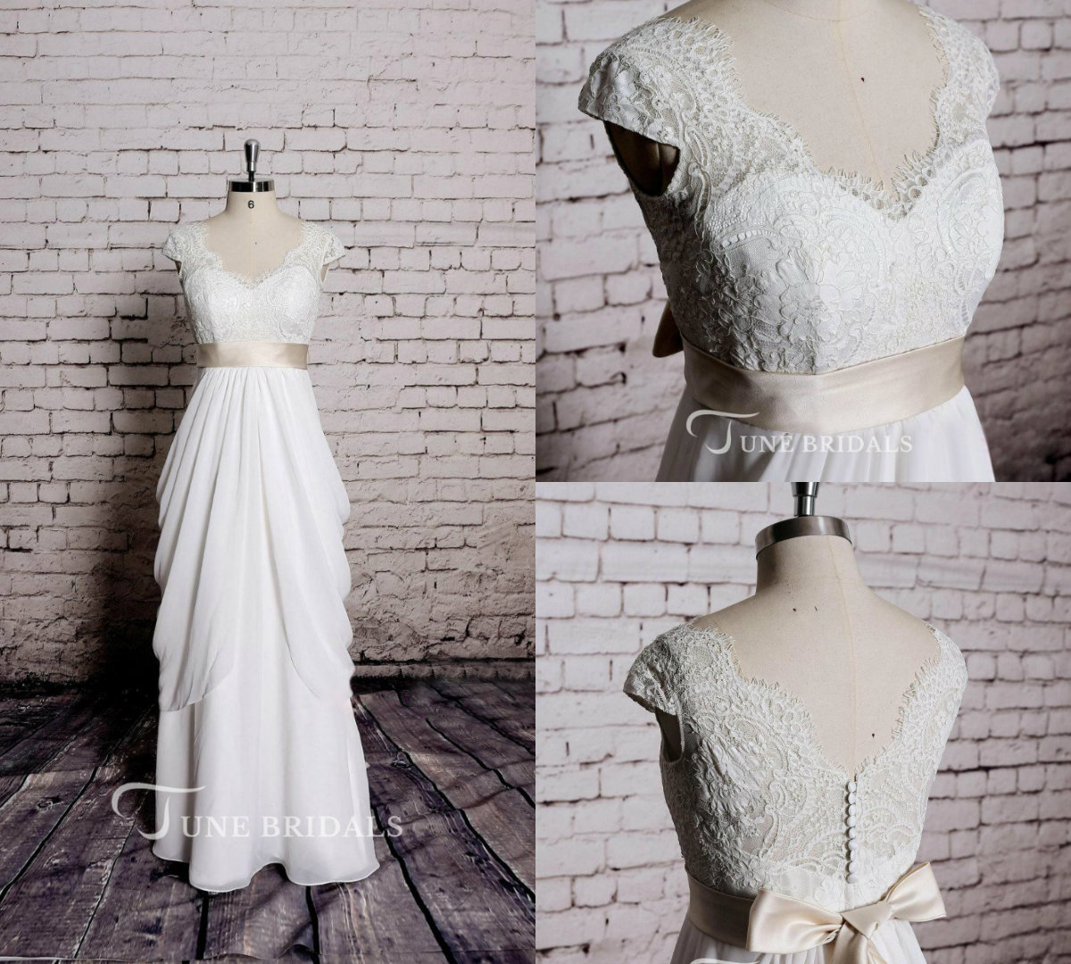 Real Pictures Country Wedding Dresses A e V Neck Chiffon Lace Appliques Ruffles Beach Bridal Gown or Length Plus Size vestido de novia