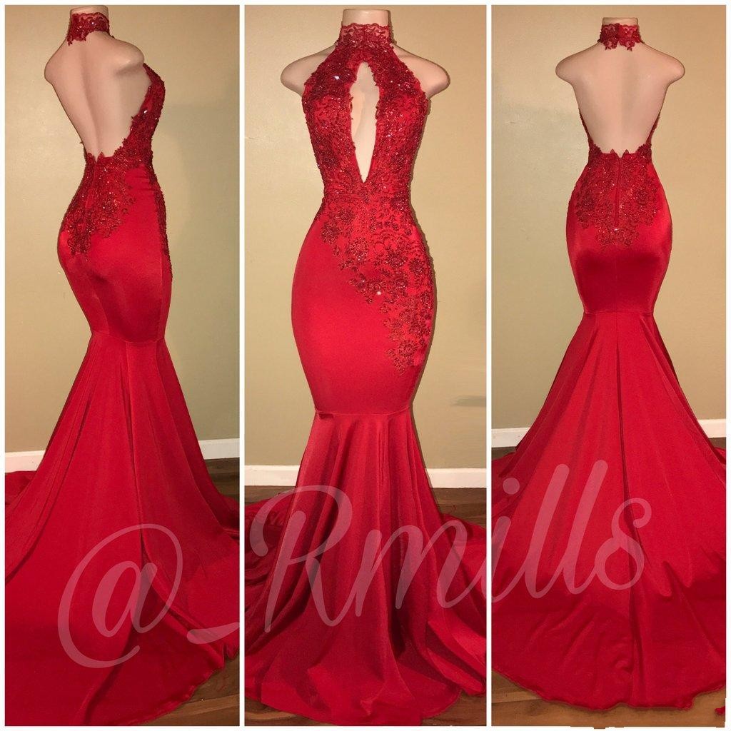 Sexy Mermaid Prom Dresses Halter Keyhole Red Royal Blue Backless Lace Appliques Crystal Beaded Formal Party Dress Evening Gowns Wear