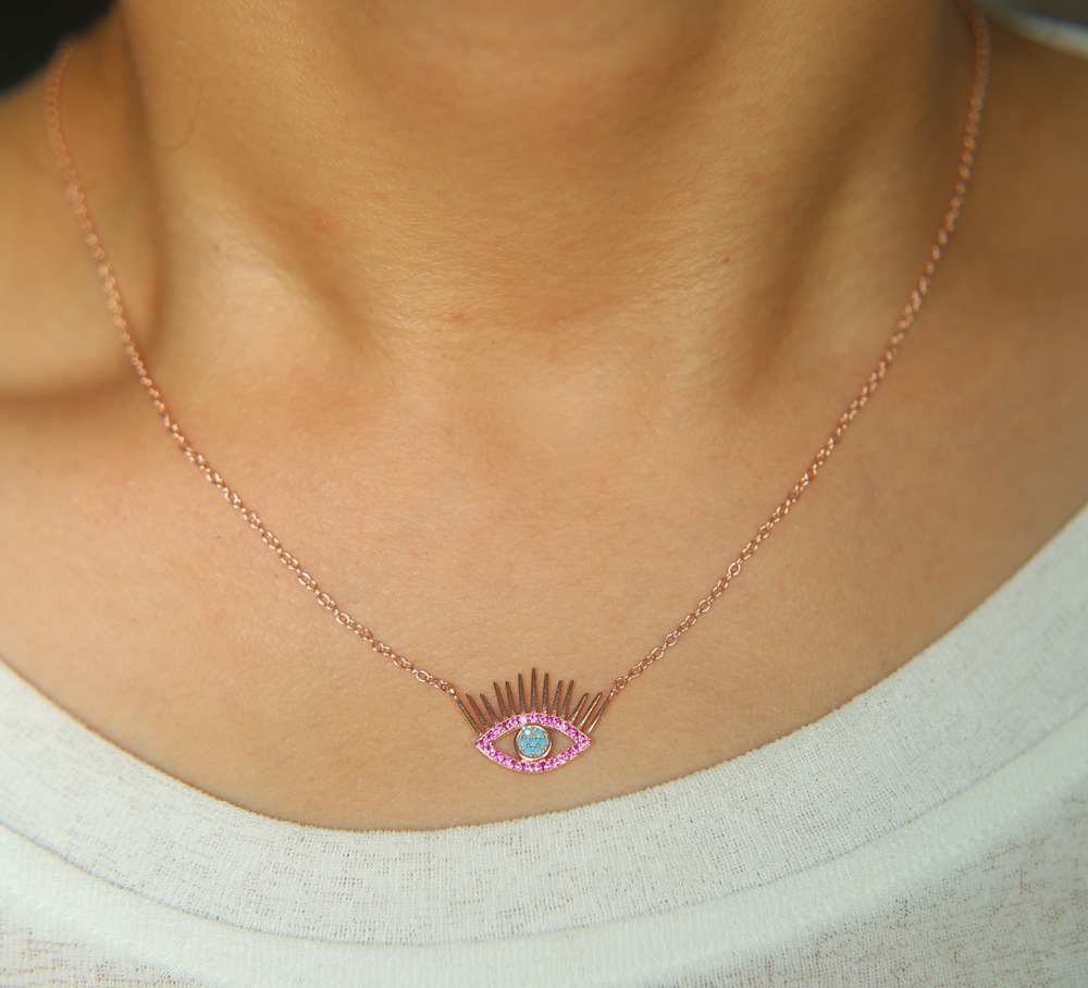 100% guarantee 925 sterling silver jewelry red stone Turkish evil eye charm pendant necklace eye eyelash lucky jewelry