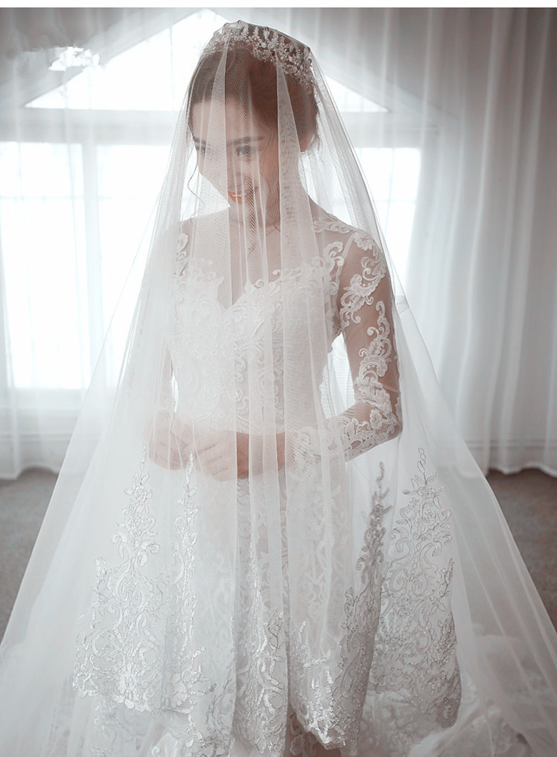 Amazing 4M One Layer Long Cathedral Wedding Veils Lace Trim Soft Tulle Ivory Blusher Bridal Veil Accessories